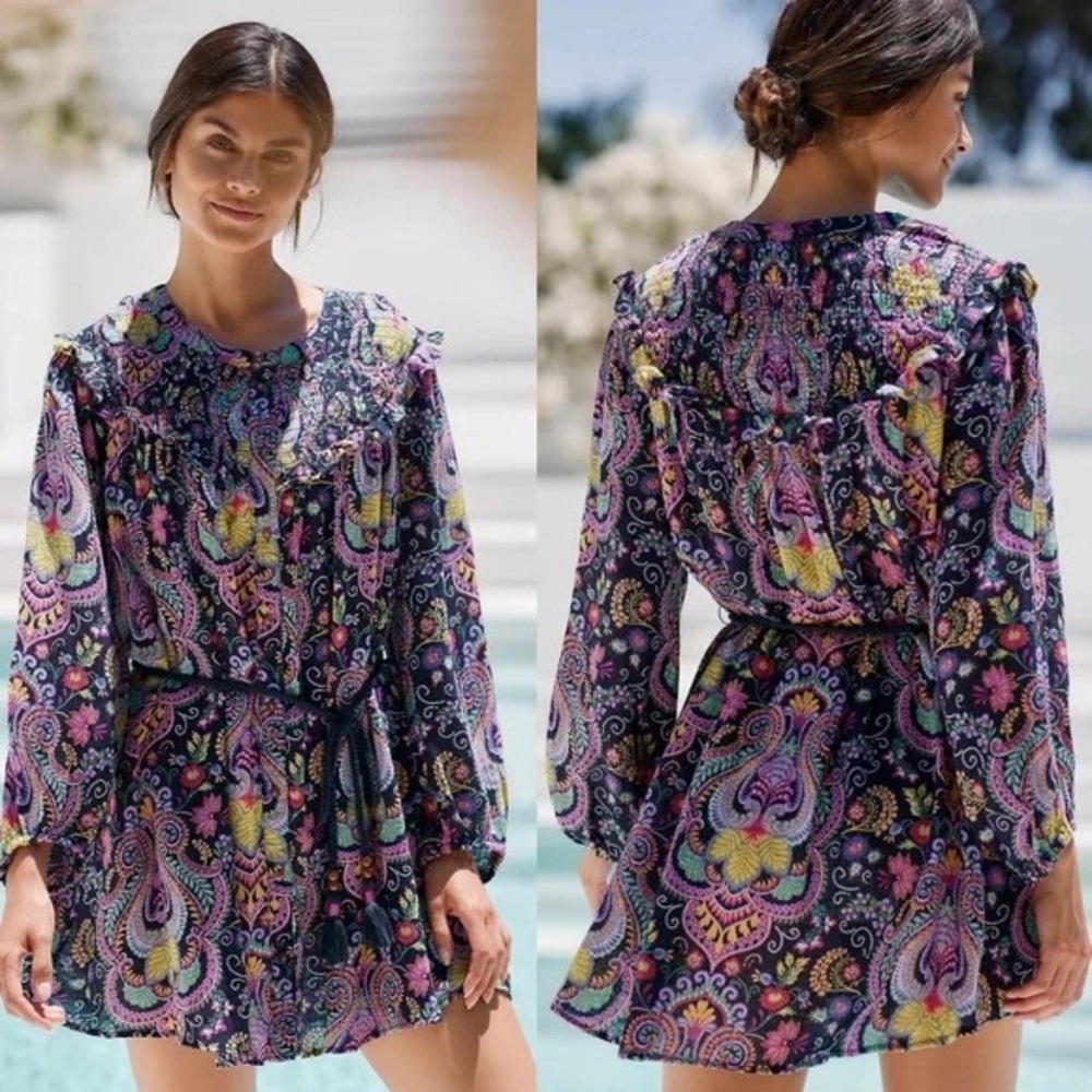 ANTHROPOLOGIE Vibrant Tunisian Paisley Smocked Boho Cover-Up Tunic - Picture 16 of 16
